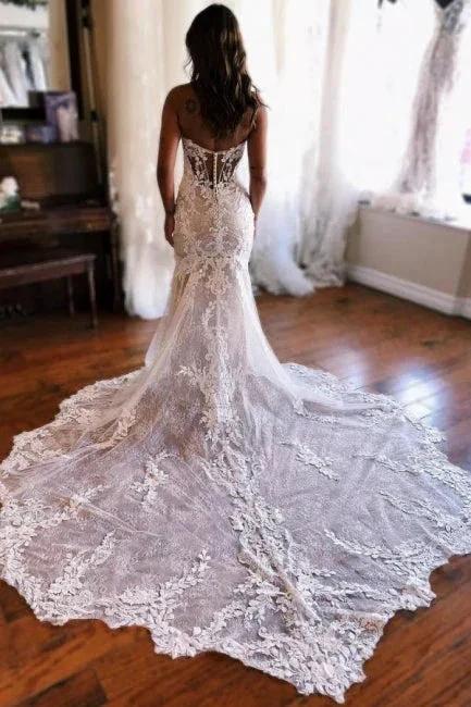 A-Line Sweetheart Floor-Length Split Front Tulle Wedding Dresses with Lace by misshow.com