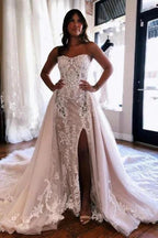 A-Line Sweetheart Floor-Length Split Front Tulle Wedding Dresses with Lace by misshow.com