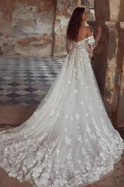 A-Line Sweetheart Floor-Length Strapless Tulle Wedding Dresses with Appliques by misshow.com