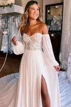 A-Line Sweetheart Long Sleeve Split Front Stain Wedding Dresses with Lace by misshow.com