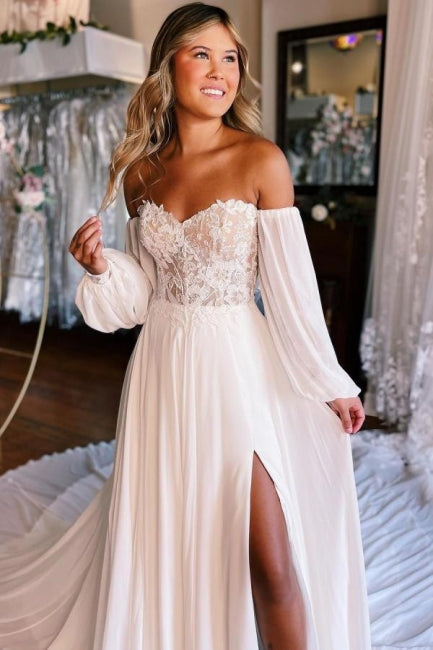 A-Line Sweetheart Long Sleeve Split Front Stain Wedding Dresses with Lace Main Image
