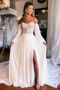 A-Line Sweetheart Long Sleeve Split Front Stain Wedding Dresses with Lace by misshow.com