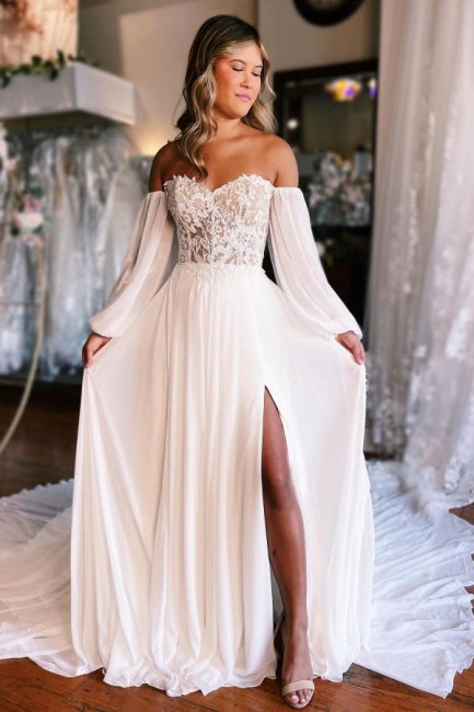 A-Line Sweetheart Long Sleeve Split Front Stain Wedding Dresses with Lace Hover Image