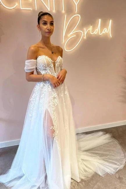 A-Line Sweetheart Off-The-Shoulder Tulle Floor-Length Wedding Dresses with Appliques by misshow.com