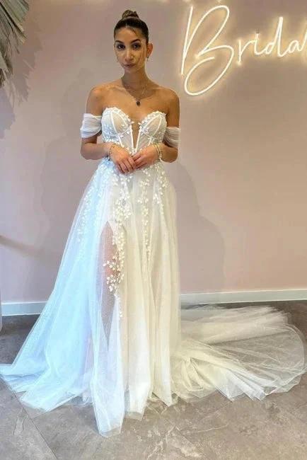 A-Line Sweetheart Off-The-Shoulder Tulle Floor-Length Wedding Dresses with Appliques by misshow.com