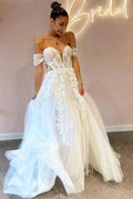 A-Line Sweetheart Off-The-Shoulder Tulle Floor-Length Wedding Dresses with Appliques by misshow.com