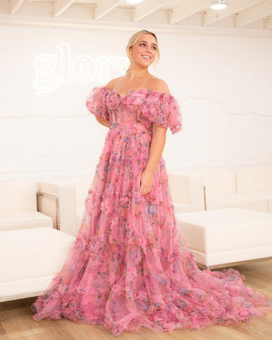 Sydney | A-Linien-Ballkleid aus schulterfreiem Tüll mit Blumenmuster