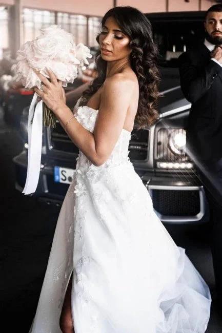 A-Line Tulle Sleeveless Floor-Length Sweetheart Split Front Wedding Dresses with Appliques by misshow.com
