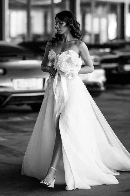 A-Line Tulle Sleeveless Floor-Length Sweetheart Split Front Wedding Dresses with Appliques by misshow.com