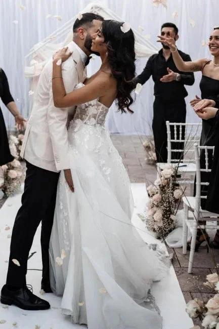 A-Line Tulle Sleeveless Floor-Length Sweetheart Split Front Wedding Dresses with Appliques by misshow.com