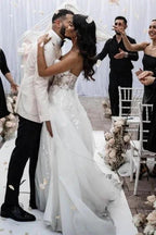 A-Line Tulle Sleeveless Floor-Length Sweetheart Split Front Wedding Dresses with Appliques by misshow.com