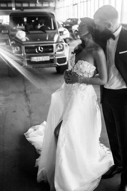 A-Line Tulle Sleeveless Floor-Length Sweetheart Split Front Wedding Dresses with Appliques by misshow.com