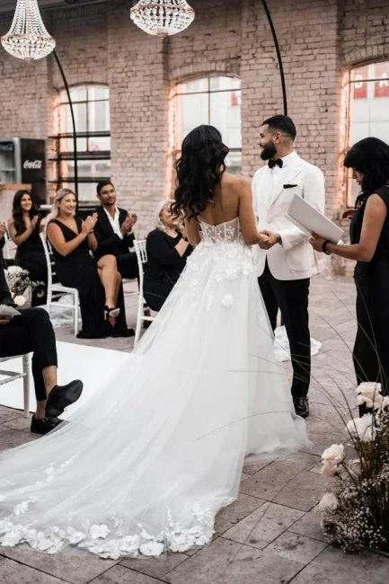 A-Line Tulle Sleeveless Floor-Length Sweetheart Split Front Wedding Dresses with Appliques by misshow.com