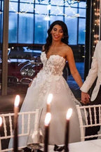 A-Line Tulle Sleeveless Floor-Length Sweetheart Split Front Wedding Dresses with Appliques by misshow.com