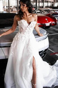 A-Line Tulle Sleeveless Floor-Length Sweetheart Split Front Wedding Dresses with Appliques by misshow.com