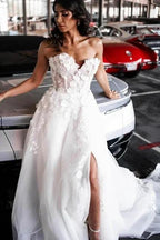 A-Line Tulle Sleeveless Floor-Length Sweetheart Split Front Wedding Dresses with Appliques by misshow.com