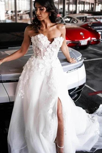 A-Line Tulle Sleeveless Floor-Length Sweetheart Split Front Wedding Dresses with Appliques by misshow.com