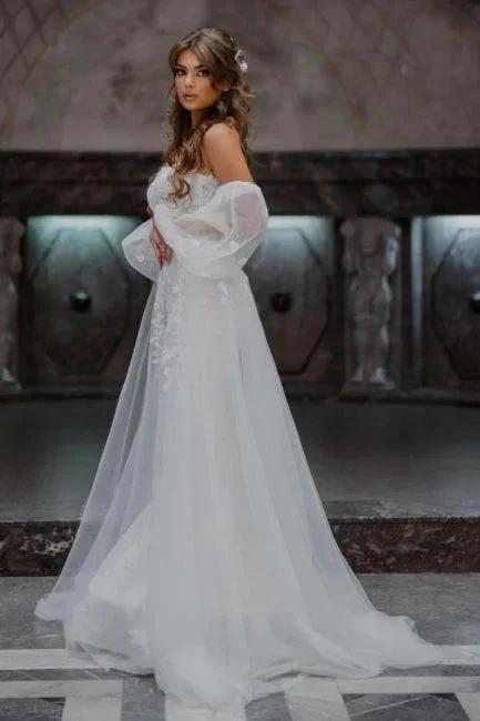 A-Line Tulle Strapless Mermaid Floor-Length Wedding Dresses with Lace by misshow.com