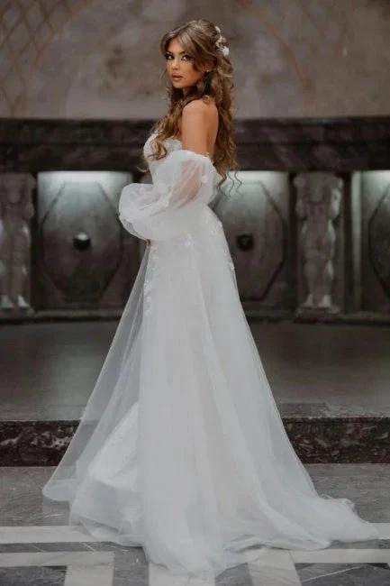 A-Line Tulle Strapless Mermaid Floor-Length Wedding Dresses with Lace by misshow.com