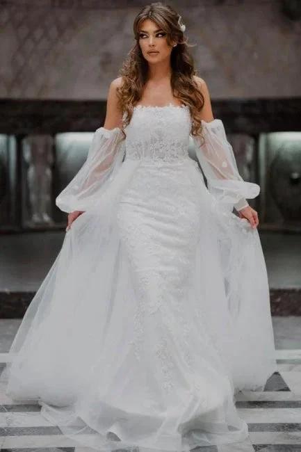 A-Line Tulle Strapless Mermaid Floor-Length Wedding Dresses with Lace by misshow.com