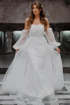 A-Line Tulle Strapless Mermaid Floor-Length Wedding Dresses with Lace by misshow.com