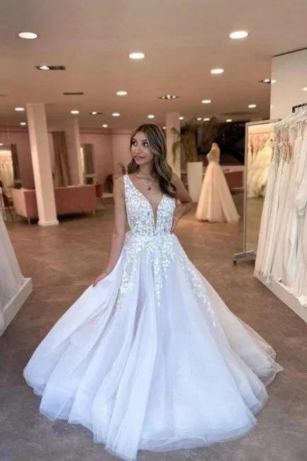 A-Line Tulle V-Neck Floor-Length Sleeveless Charming Wedding Dresses with Appliques by misshow.com