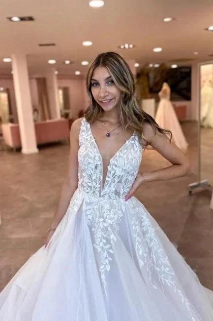 A-Line Tulle V-Neck Floor-Length Sleeveless Charming Wedding Dresses with Appliques by misshow.com