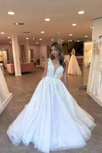 A-Line Tulle V-Neck Floor-Length Sleeveless Charming Wedding Dresses with Appliques by misshow.com