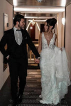 A-Line Tulle V-Neck Straps Floor-Length Stain Sleeveless Wedding Dresses with Appliques by misshow.com