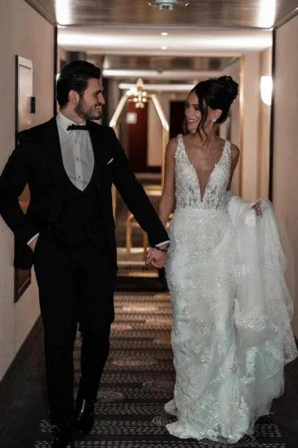 A-Line Tulle V-Neck Straps Floor-Length Stain Sleeveless Wedding Dresses with Appliques by misshow.com
