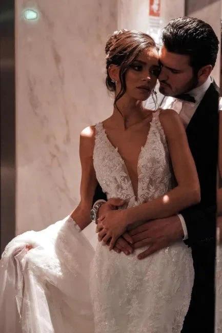A-Line Tulle V-Neck Straps Floor-Length Stain Sleeveless Wedding Dresses with Appliques by misshow.com