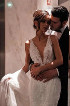 A-Line Tulle V-Neck Straps Floor-Length Stain Sleeveless Wedding Dresses with Appliques by misshow.com