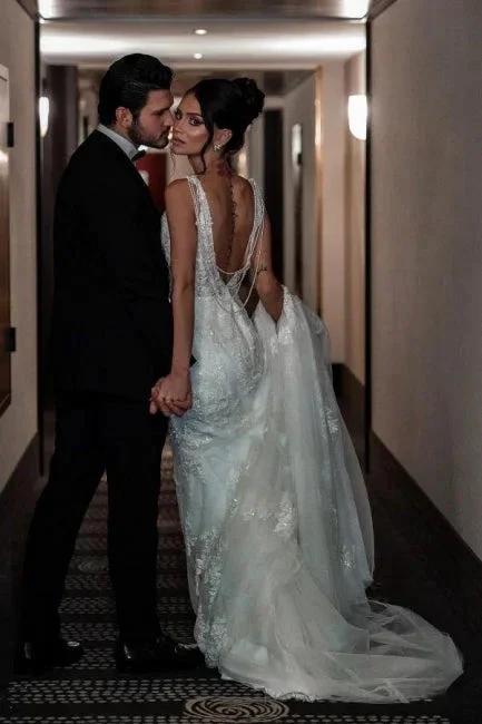 A-Line Tulle V-Neck Straps Floor-Length Stain Sleeveless Wedding Dresses with Appliques by misshow.com
