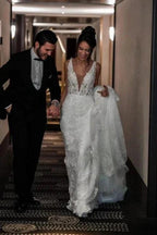 A-Line Tulle V-Neck Straps Floor-Length Stain Sleeveless Wedding Dresses with Appliques by misshow.com