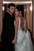 A-Line Tulle V-Neck Straps Floor-Length Stain Sleeveless Wedding Dresses with Appliques by misshow.com