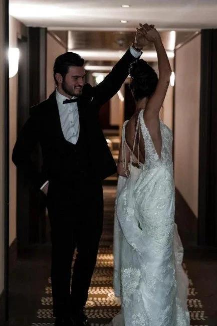A-Line Tulle V-Neck Straps Floor-Length Stain Sleeveless Wedding Dresses with Appliques by misshow.com