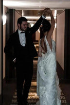 A-Line Tulle V-Neck Straps Floor-Length Stain Sleeveless Wedding Dresses with Appliques by misshow.com