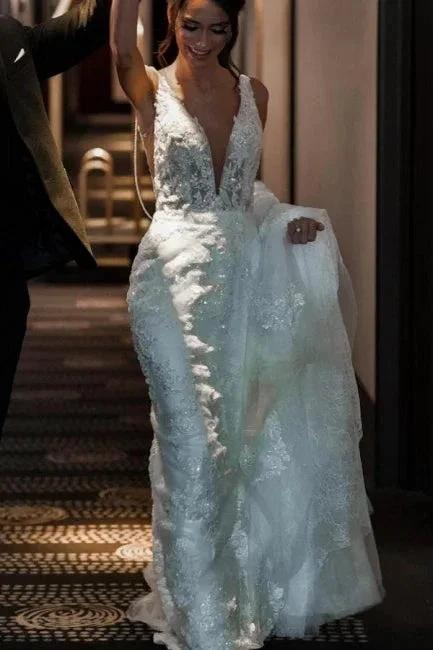 A-Line Tulle V-Neck Straps Floor-Length Stain Sleeveless Wedding Dresses with Appliques by misshow.com