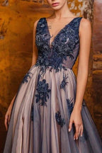 A-Line V-Neck Sleeveless Floor-Length Split Front Prom Dresses with Appliques by misshow.com
