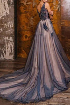 A-Line V-Neck Sleeveless Floor-Length Split Front Prom Dresses with Appliques by misshow.com