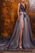 A-Line V-Neck Sleeveless Floor-Length Split Front Prom Dresses with Appliques by misshow.com