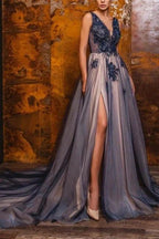 A-Line V-Neck Sleeveless Floor-Length Split Front Prom Dresses with Appliques by misshow.com