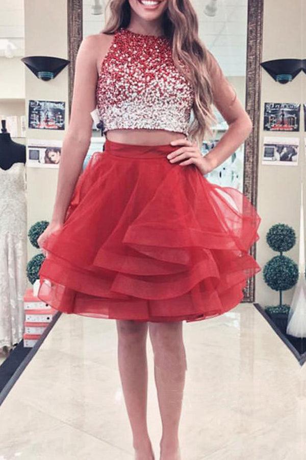A-line Beaded Top Burgundy Organza Two Piece Homecoming Dresses PD170 Hover Image