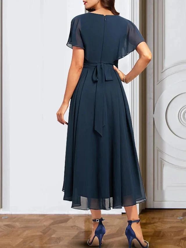 A-Line/Princess Chiffon V Neck Short Sleeves Mother of the Bride Dresses with Belt by Dreamylily