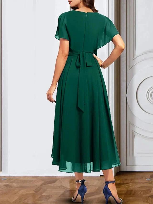 A-Line/Princess Chiffon V Neck Short Sleeves Mother of the Bride Dresses with Belt by Dreamylily