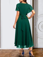 A-Line/Princess Chiffon V Neck Short Sleeves Mother of the Bride Dresses with Belt by Dreamylily