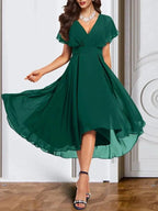 A-Line/Princess Chiffon V Neck Short Sleeves Mother of the Bride Dresses with Belt by Dreamylily