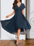 A-Line/Princess Chiffon V Neck Short Sleeves Mother of the Bride Dresses with Belt by Dreamylily