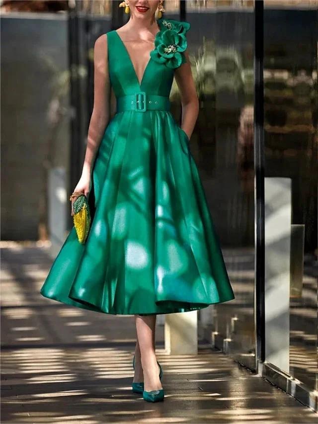A-Line/Princess V Neck Sleeveless Tea-Length Mother of the Bride Dresses with Belt Ruffles Applique by Dreamylily