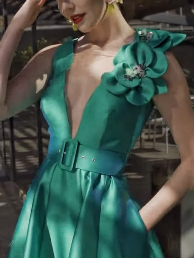 A-Line/Princess V Neck Sleeveless Tea-Length Mother of the Bride Dresses with Belt Ruffles Applique Main Image